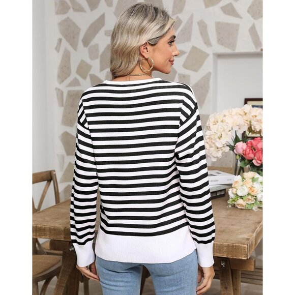 Womens Striped Sweater Long Sleeve Crew Neck Heart Pattern Casual Wear - Picture 5 of 8